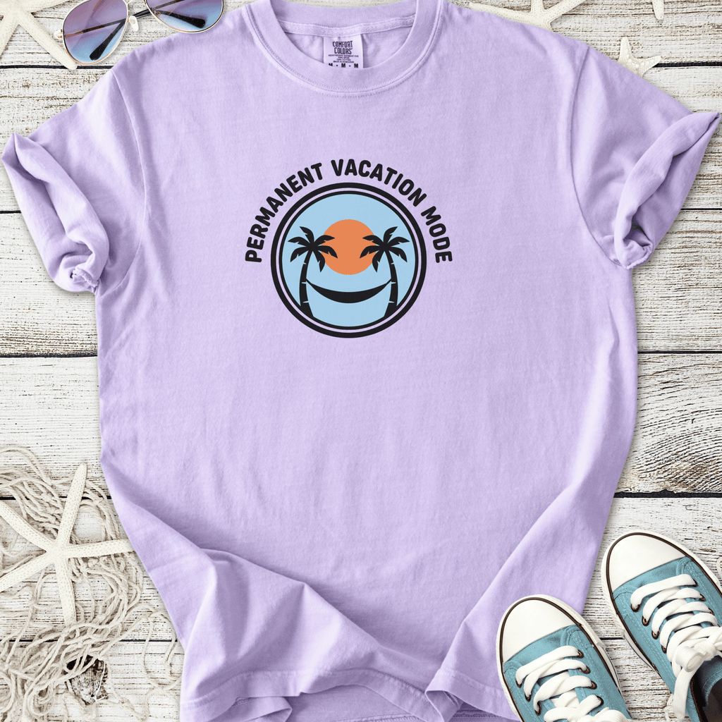 Light purple t-shirt with 'Permanent Vacation Mode' graphic, featuring palm trees and a sunset design.