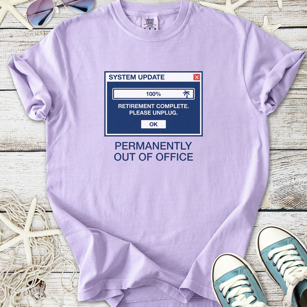 Light purple t-shirt with humorous 'Permanently Out of Office' graphic, cotton material, perfect for casual wear.