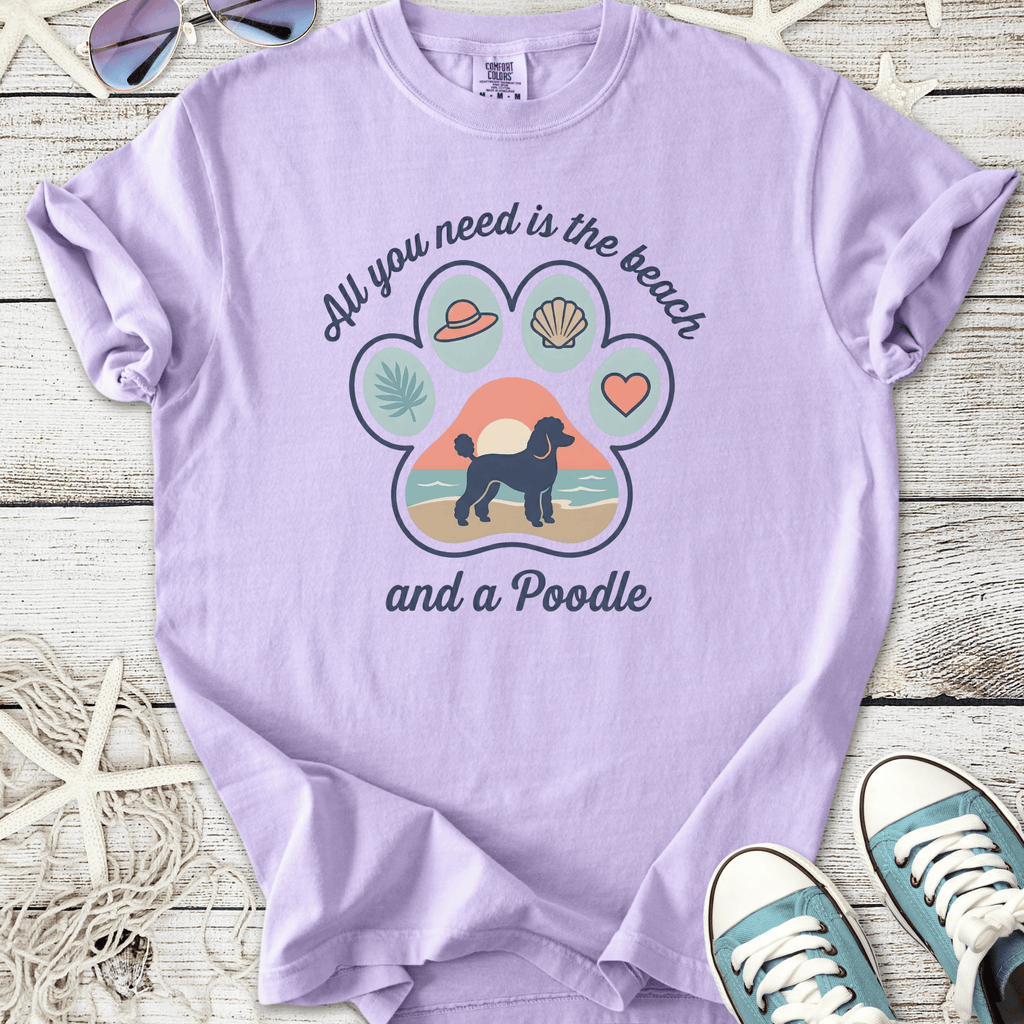 Light purple t-shirt with a beach-themed poodle graphic, perfect for dog lovers.