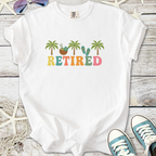 White retired graphic tee with palm trees, coconut, and flip-flops design. Perfect for leisure wear.