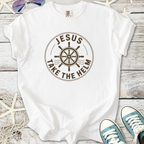 White unisex t-shirt with 'Jesus Take the Helm' graphic and nautical design, perfect for casual wear.