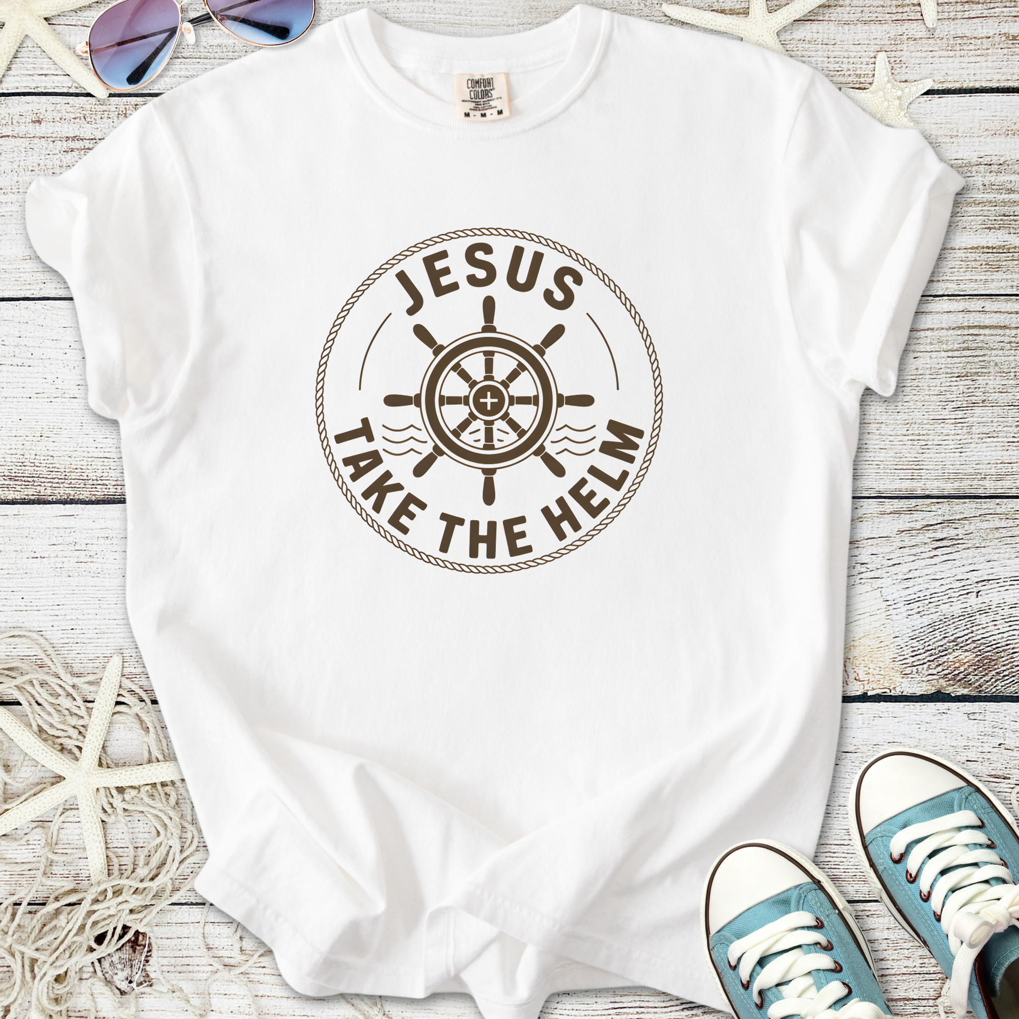 White unisex t-shirt with 'Jesus Take the Helm' graphic and nautical design, perfect for casual wear.
