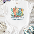White graphic tee with colorful surfboards and text about beach days, perfect for summer wear.