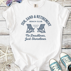 White cotton t-shirt featuring 'Sun, Sand & Retirement' beach club print with chairs and waves design.