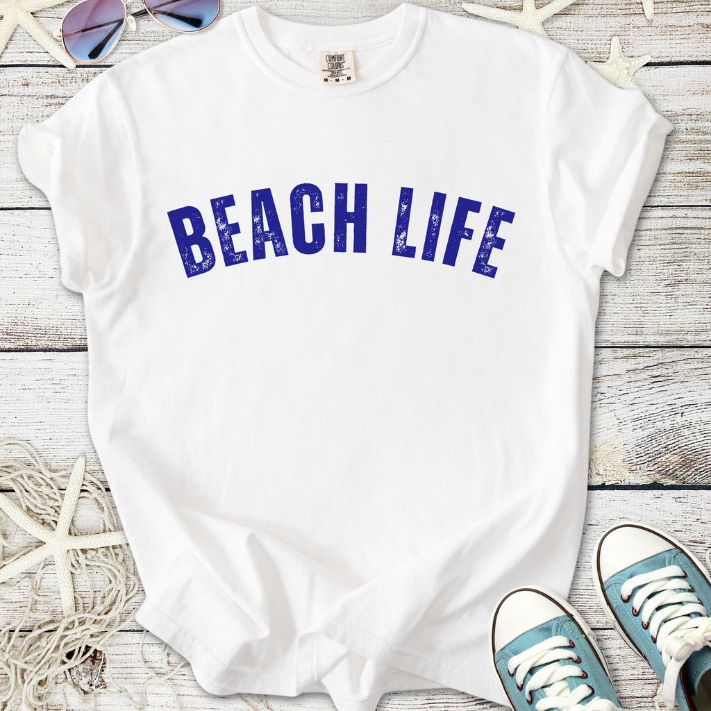 White t-shirt with blue 'BEACH LIFE' graphic, perfect for summer wear and beach outings.
