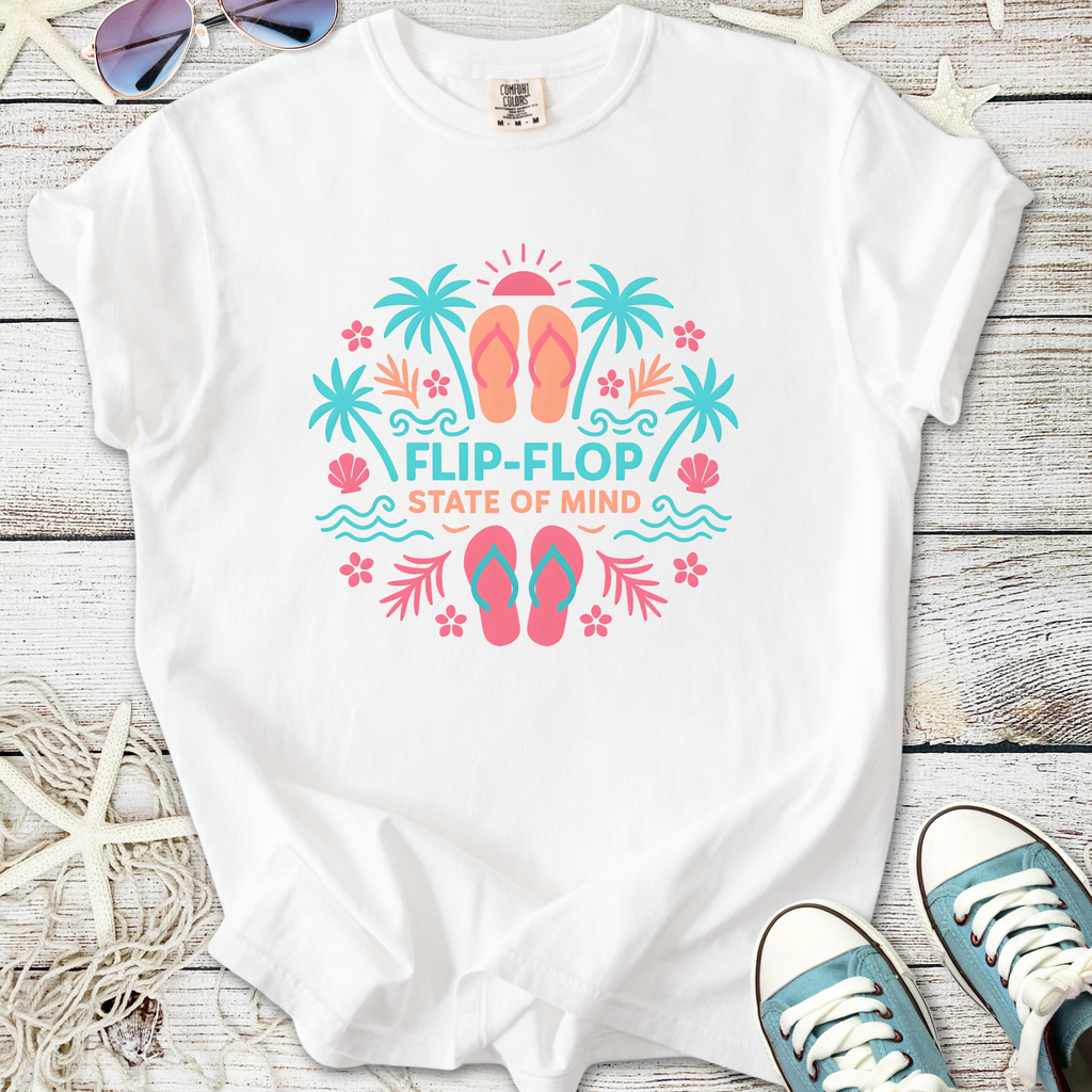 White t-shirt with 'Flip-Flop State of Mind' graphic, featuring tropical design and casual style.