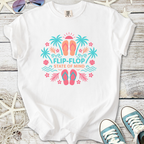 White t-shirt with 'Flip-Flop State of Mind' graphic, featuring tropical design and casual style.