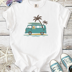 White t-shirt featuring a graphic of a teal van with a surfboard and a dog, perfect for beach lovers.