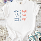 White t-shirt with 'Sun Sea Café' graphic, featuring a sun, wave, and coffee cup design.