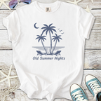 White t-shirt with 'Old Summer Nights' print featuring palm trees and beach chairs, perfect for summer outings.