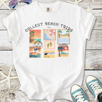 White t-shirt with 'Collect Beach Trips' graphic featuring colorful beach-themed stamps and illustrations.