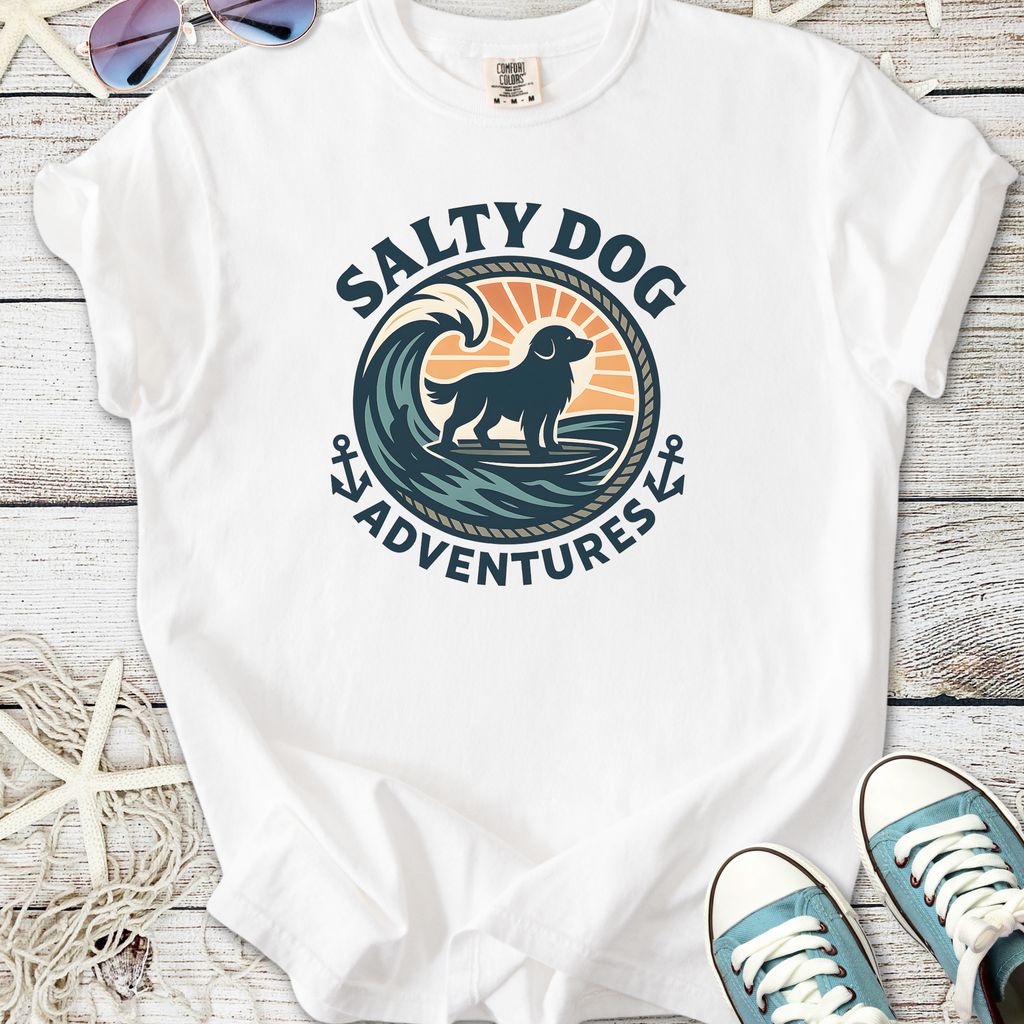 White t-shirt featuring 'Salty Dog Adventures' graphic with a dog and wave design.