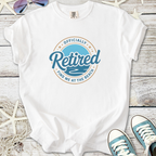 White cotton t-shirt with 'Officially Retired' beach graphic, perfect for relaxed retirement wear.