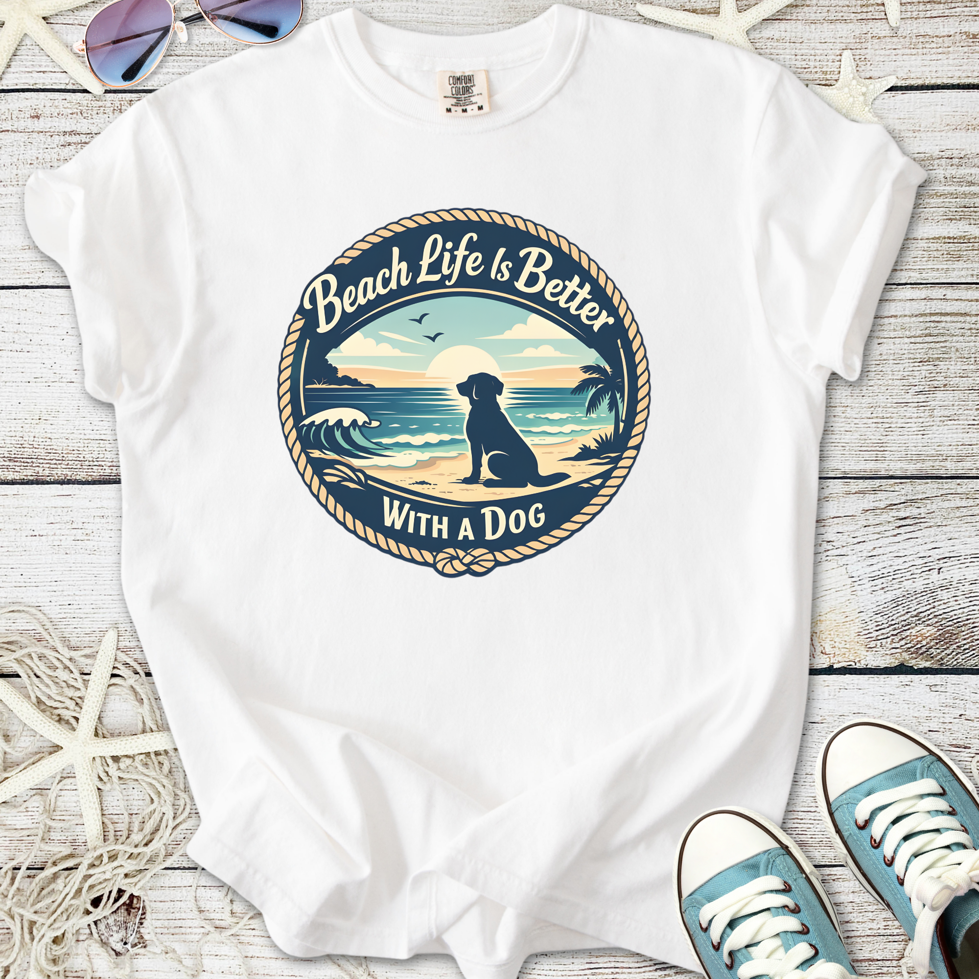 White t-shirt with 'Beach Life Is Better With a Dog' graphic, featuring a dog silhouette and beach scene.