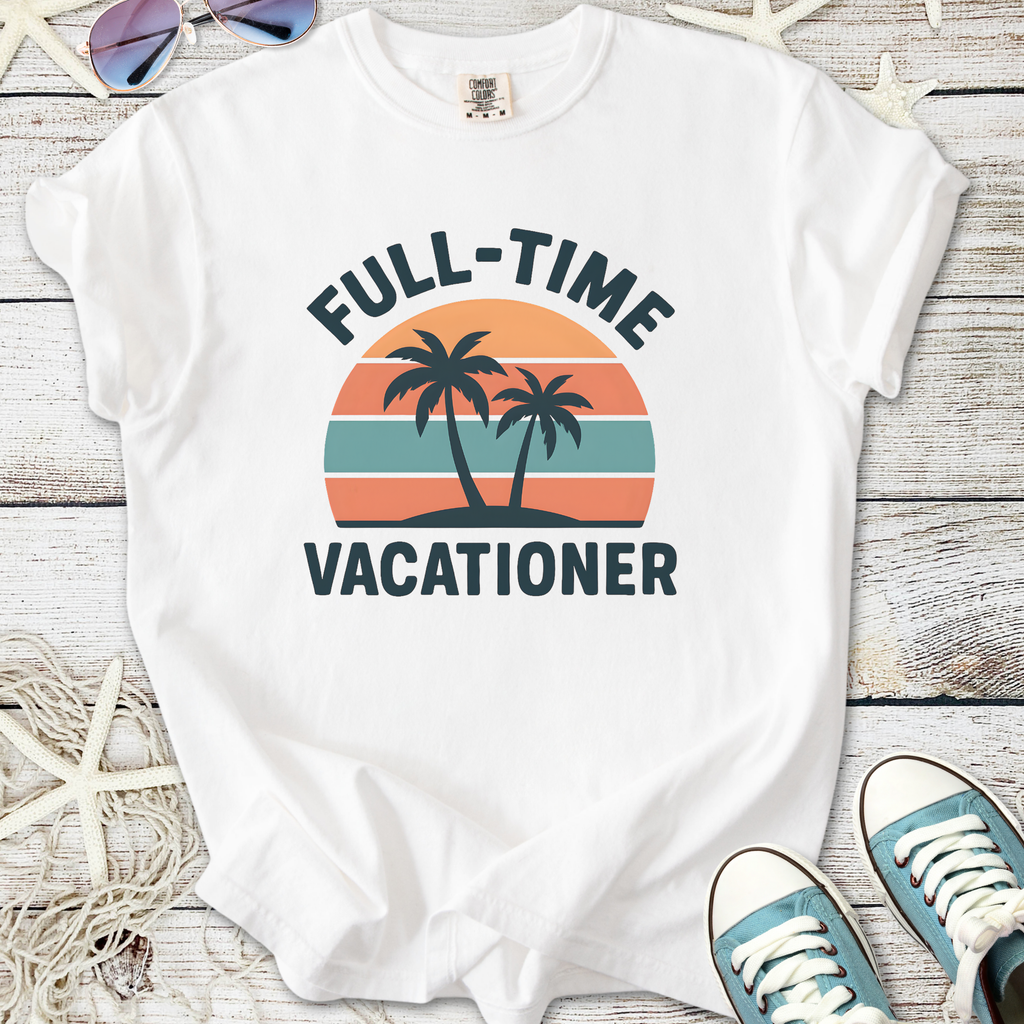 White t-shirt with 'Full-Time Vacationer' print and palm tree graphic, perfect for summer leisure wear.