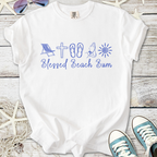 White t-shirt featuring 'Blessed Beach Bum' design with beach icons in blue. Perfect for summer wear.