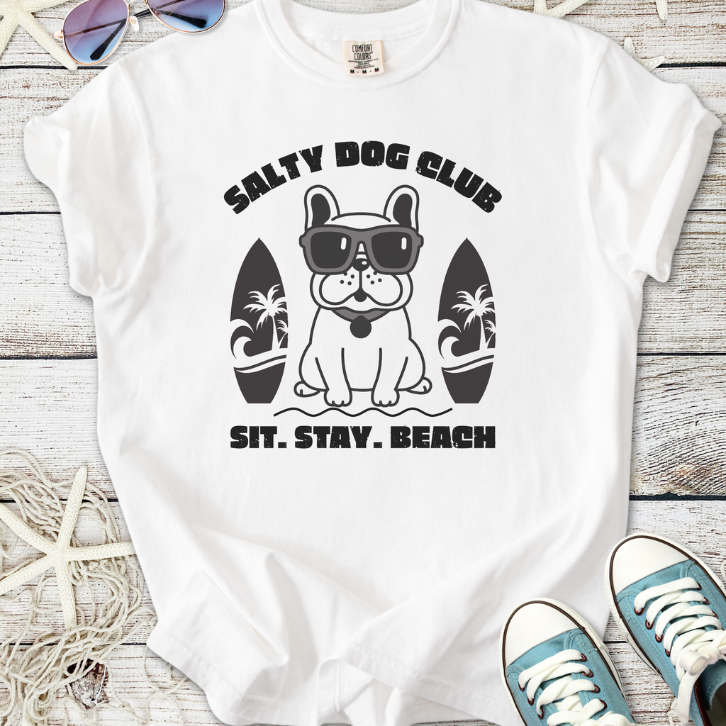 White t-shirt featuring a playful French Bulldog in sunglasses, 'Salty Dog Club' beach design.