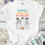 White graphic tee featuring a cartoon duck with sunglasses and cocktail, text "Sippin, Chillin, No Billin'".