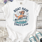 White cotton T-shirt with fun 'Boat Hair Don't Care' graphic featuring a dog on a boat.