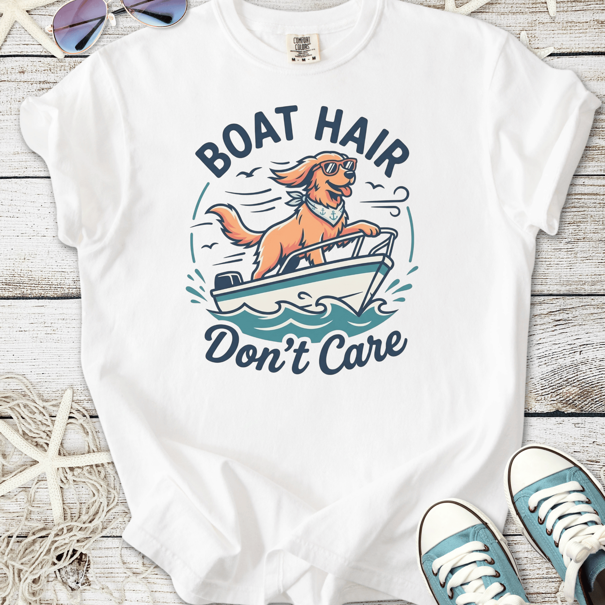 White cotton T-shirt with fun 'Boat Hair Don't Care' graphic featuring a dog on a boat.