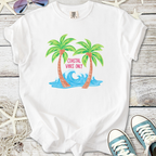 White t-shirt featuring palm trees and wave design with 'Coastal Vibes Only' text, perfect for summer.