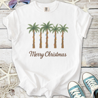 White Christmas t-shirt featuring palm trees adorned with colorful lights and 'Merry Christmas' text.
