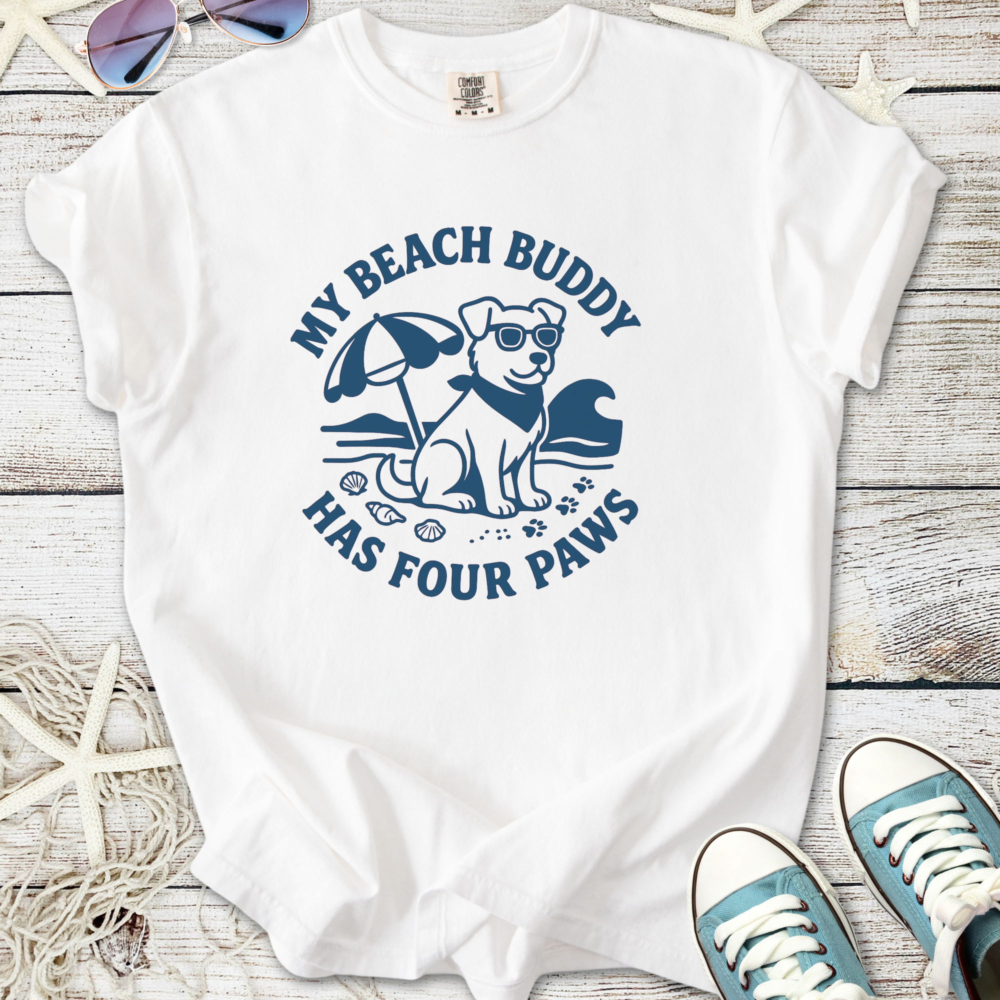 White t-shirt with "My Beach Buddy Has Four Paws" design featuring a dog and beach elements.