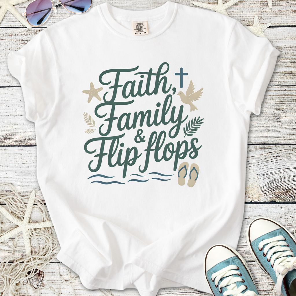 White t-shirt featuring 'Faith, Family & Flip Flops' graphic design, perfect for casual wear.