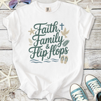 White t-shirt featuring 'Faith, Family & Flip Flops' graphic design, perfect for casual wear.