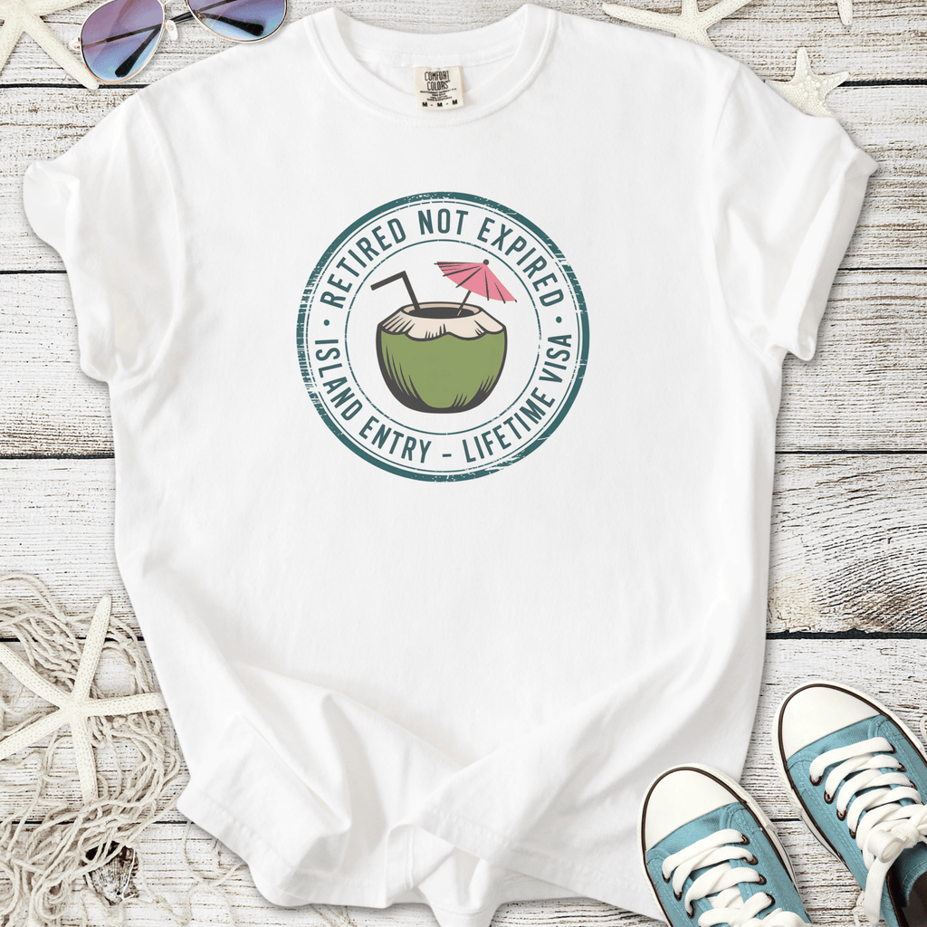 White cotton t-shirt with a fun coconut drink graphic and 'Retired Not Expired' slogan.