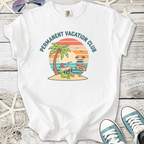 White t-shirt featuring 'Permanent Vacation Club' graphic with palm tree and beach design.