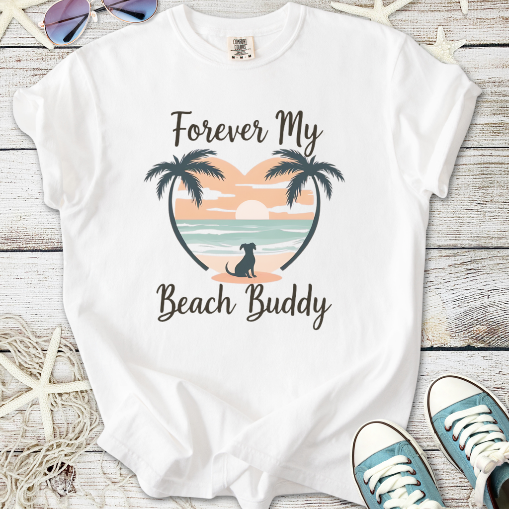 White t-shirt with 'Forever My Beach Buddy' graphic featuring palm trees and a dog silhouette.
