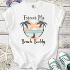 White t-shirt with 'Forever My Beach Buddy' graphic featuring palm trees and a dog silhouette.