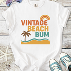 Vintage Beach Bum white t-shirt with colorful palm tree and wave graphic, ideal for summer wear.