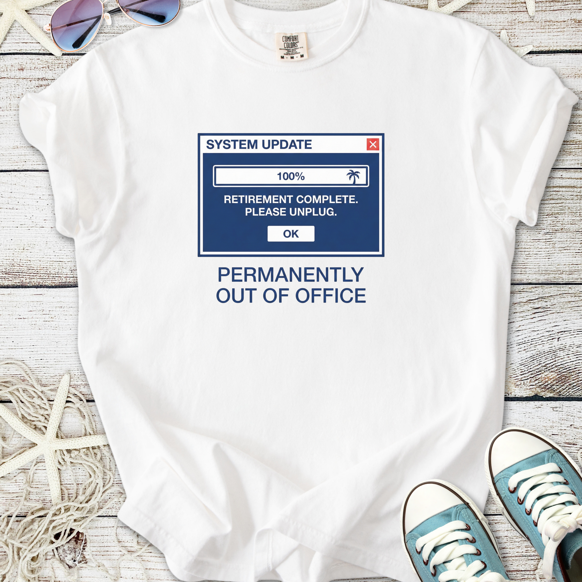 White graphic t-shirt with 'Permanently Out of Office' and system update design, perfect for casual wear.