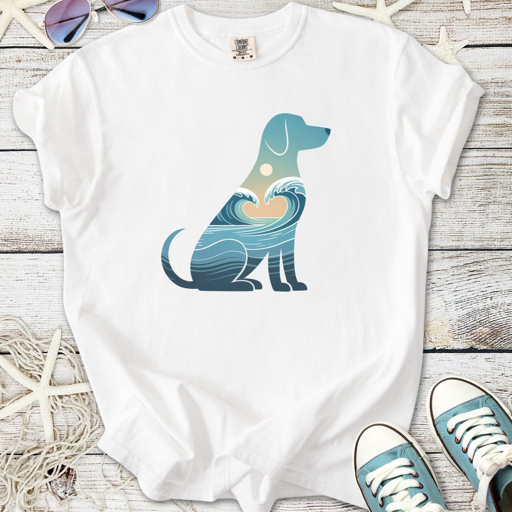 White t-shirt featuring a blue dog silhouette with waves and heart design, perfect for dog lovers.