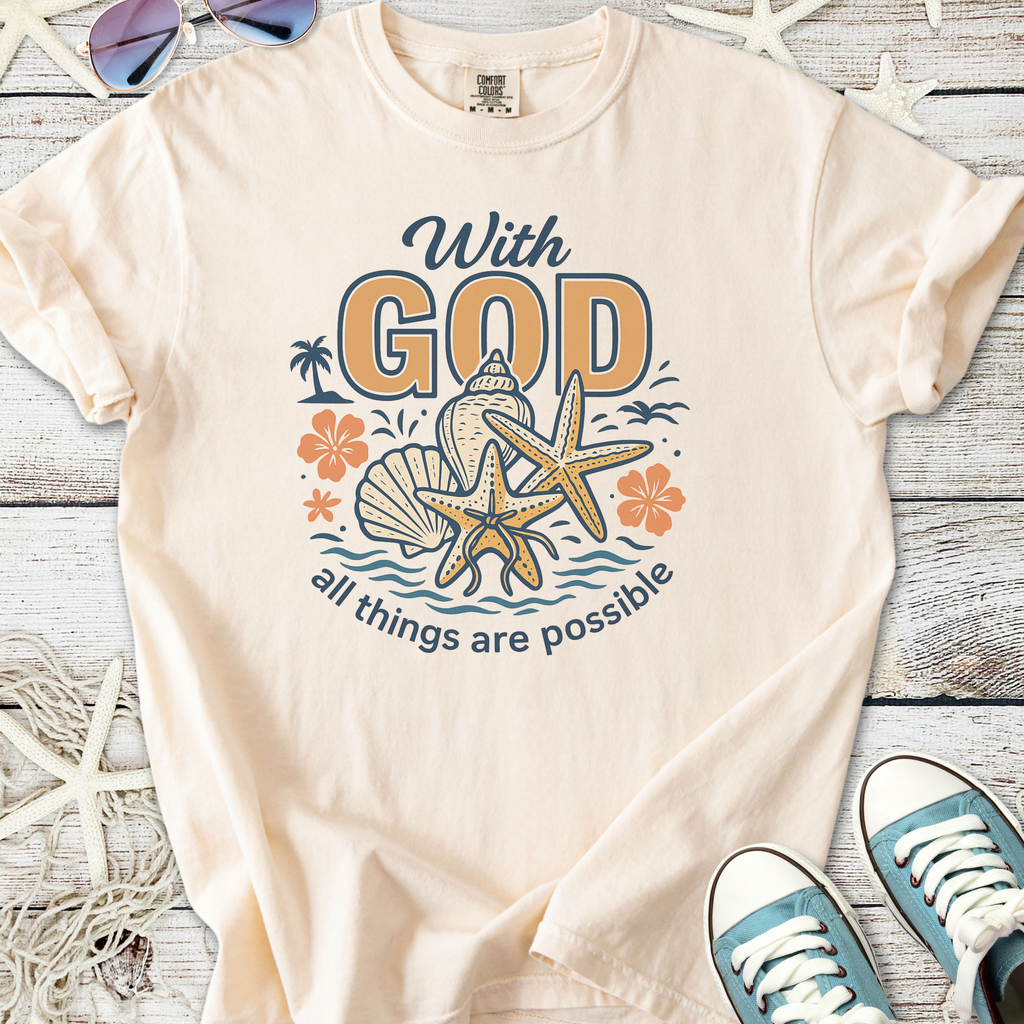 Cream cotton t-shirt with 'With God all things are possible' graphic, featuring seashells and starfish.