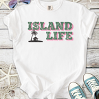 White t-shirt featuring 'Island Life' graphic with palm tree and hut design, perfect for casual summer wear.