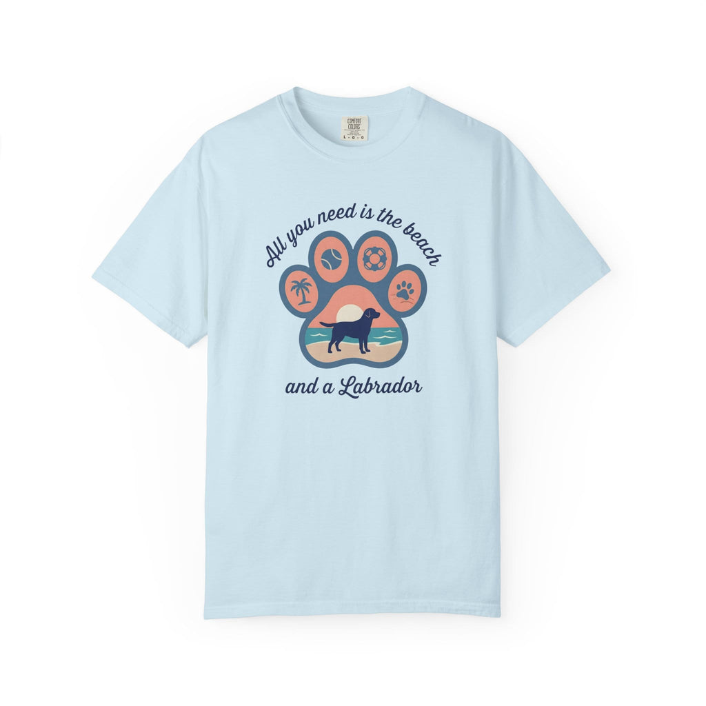 Light blue t-shirt with Labrador graphic and beach-themed text design, perfect for dog lovers.