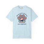 Light blue t-shirt with Labrador graphic and beach-themed text design, perfect for dog lovers.
