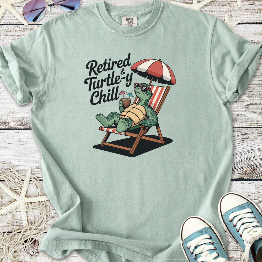 Light green t-shirt with 'Retired & Turtle-y Chill' design featuring a relaxing turtle.