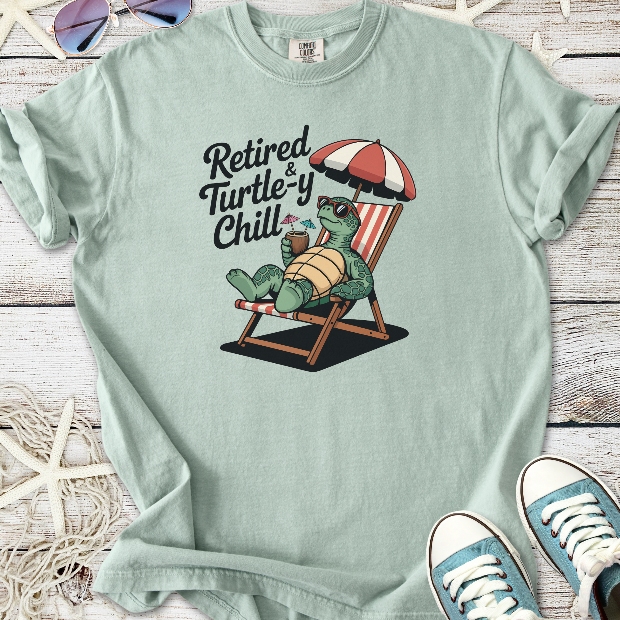 Light green t-shirt with 'Retired & Turtle-y Chill' design featuring a relaxing turtle.