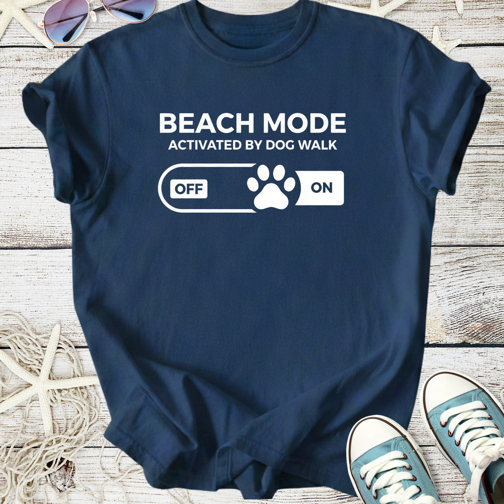 Navy blue t-shirt with 'Beach Mode Activated by Dog Walk' graphic and paw print design.