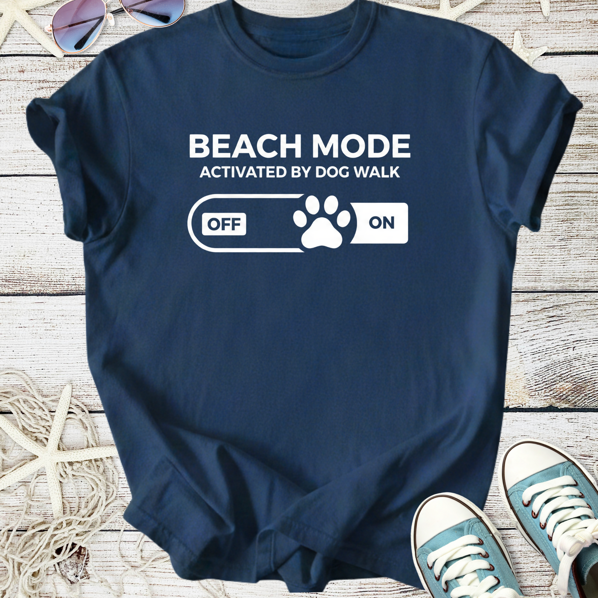 Navy blue t-shirt with 'Beach Mode Activated by Dog Walk' graphic and paw print design.