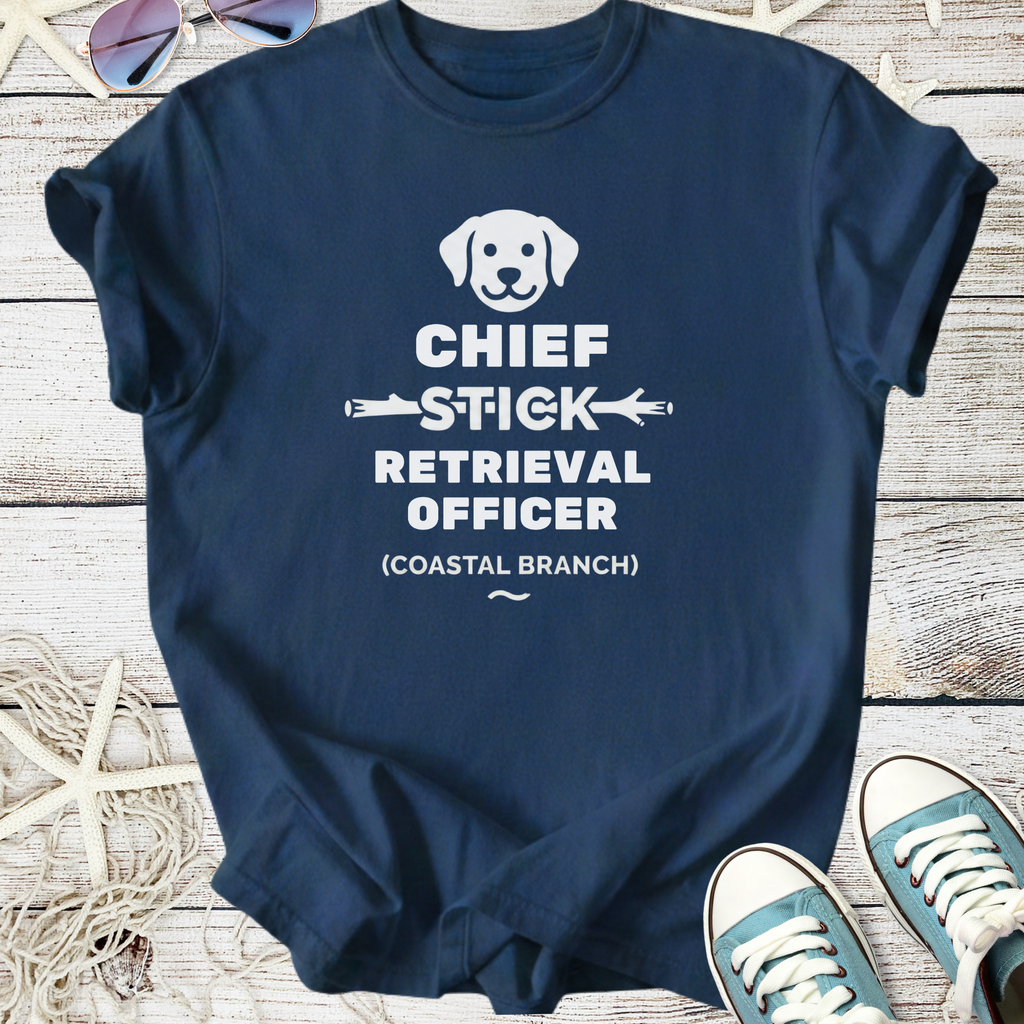 Navy blue t-shirt with "Chief Stick Retrieval Officer" graphic, perfect for dog lovers.