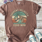 Brown graphic t-shirt featuring a sloth, palm tree, and 'Current Velocity Zero MPH' print.