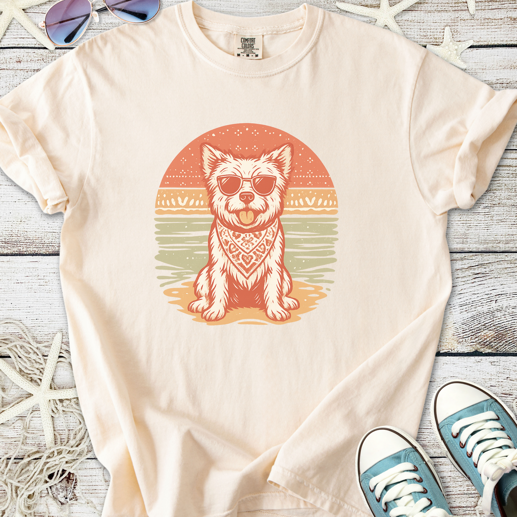 Cream cotton t-shirt featuring a dog in sunglasses and bandana, perfect for casual summer wear.