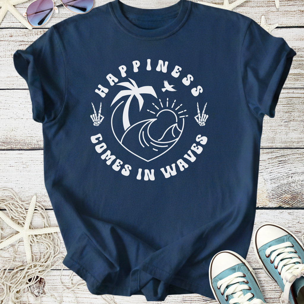 Navy blue graphic t-shirt with 'Happiness Comes in Waves' print; perfect for beach lovers.