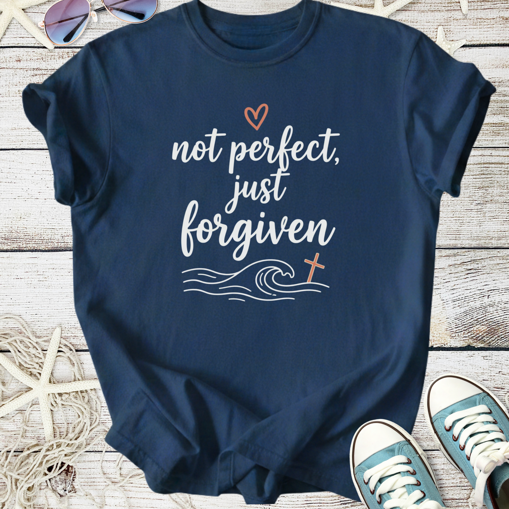 Navy blue cotton t-shirt with 'not perfect, just forgiven' graphic design and wave motif.