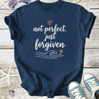 Navy blue cotton t-shirt with 'not perfect, just forgiven' graphic design and wave motif.